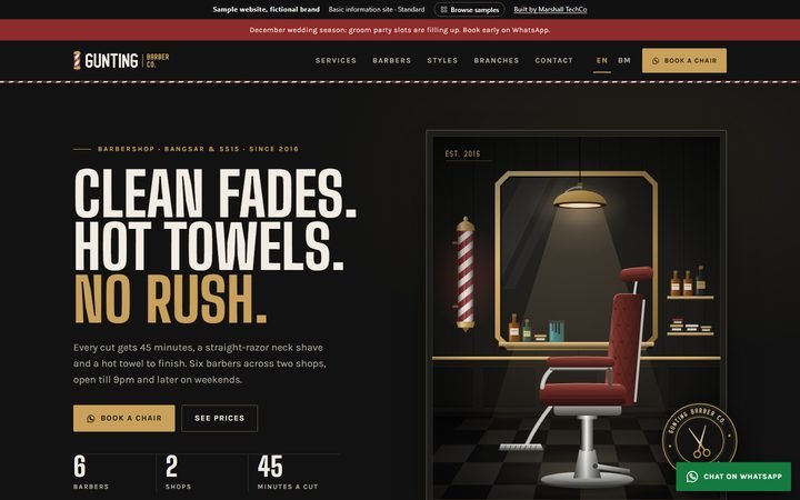Home page of the Gunting Barber Co. sample