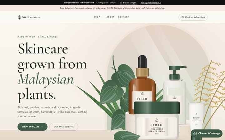 Home page of the Sirih Botanics sample