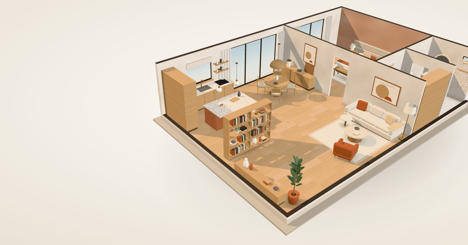A 3D model of a one-bedroom apartment with oak floors, a low linen sofa, a round dining table under a rattan pendant, a clay kitchen island and a bedroom with an upholstered headboard wall.