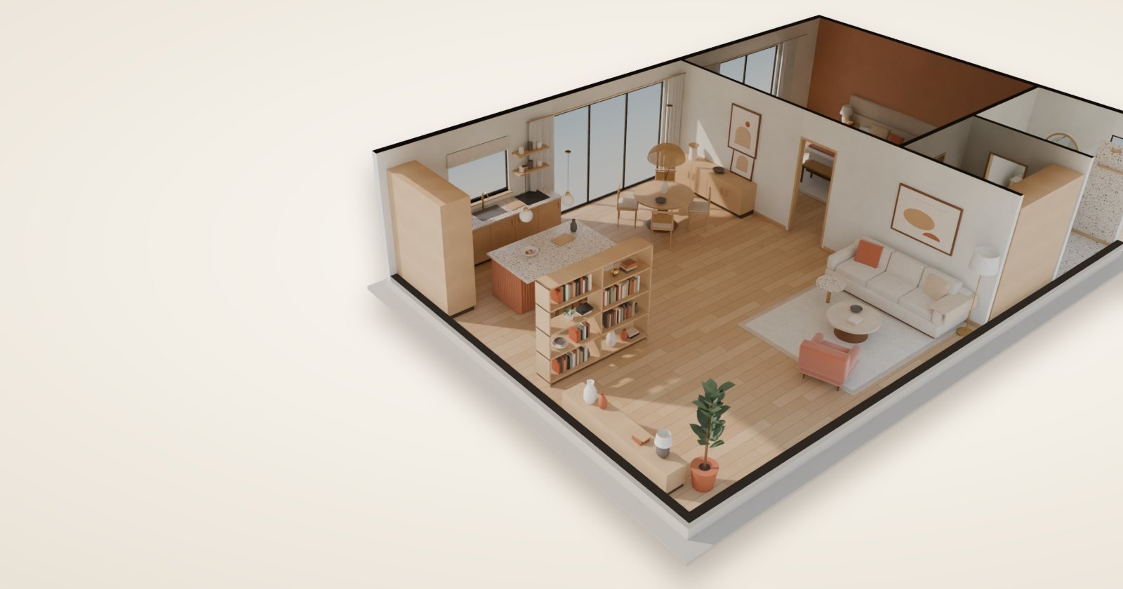 A realistic 3D model of a one-bedroom apartment: wide oak floorboards, a low linen sofa on a wool rug, a round oak dining table under a rattan pendant, a fluted clay kitchen island with a terrazzo top and a bedroom with a padded linen headboard wall, lit by soft daylight from tall windows.